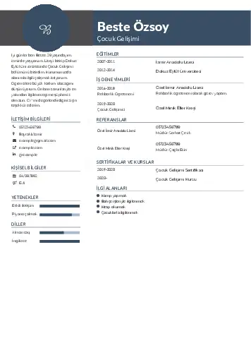 Çocuk Gelişimi Bölümü CV Örnekleri cv indir